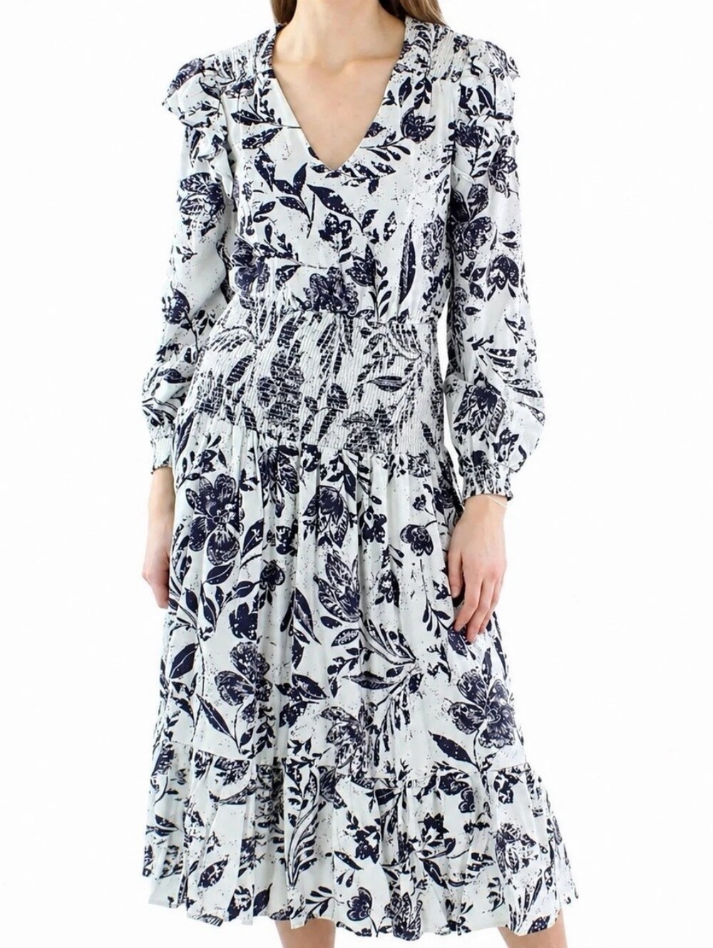 Nwt Aqua Floral V-Neck Smocked Midi Dress - White with Navy Print Size Small